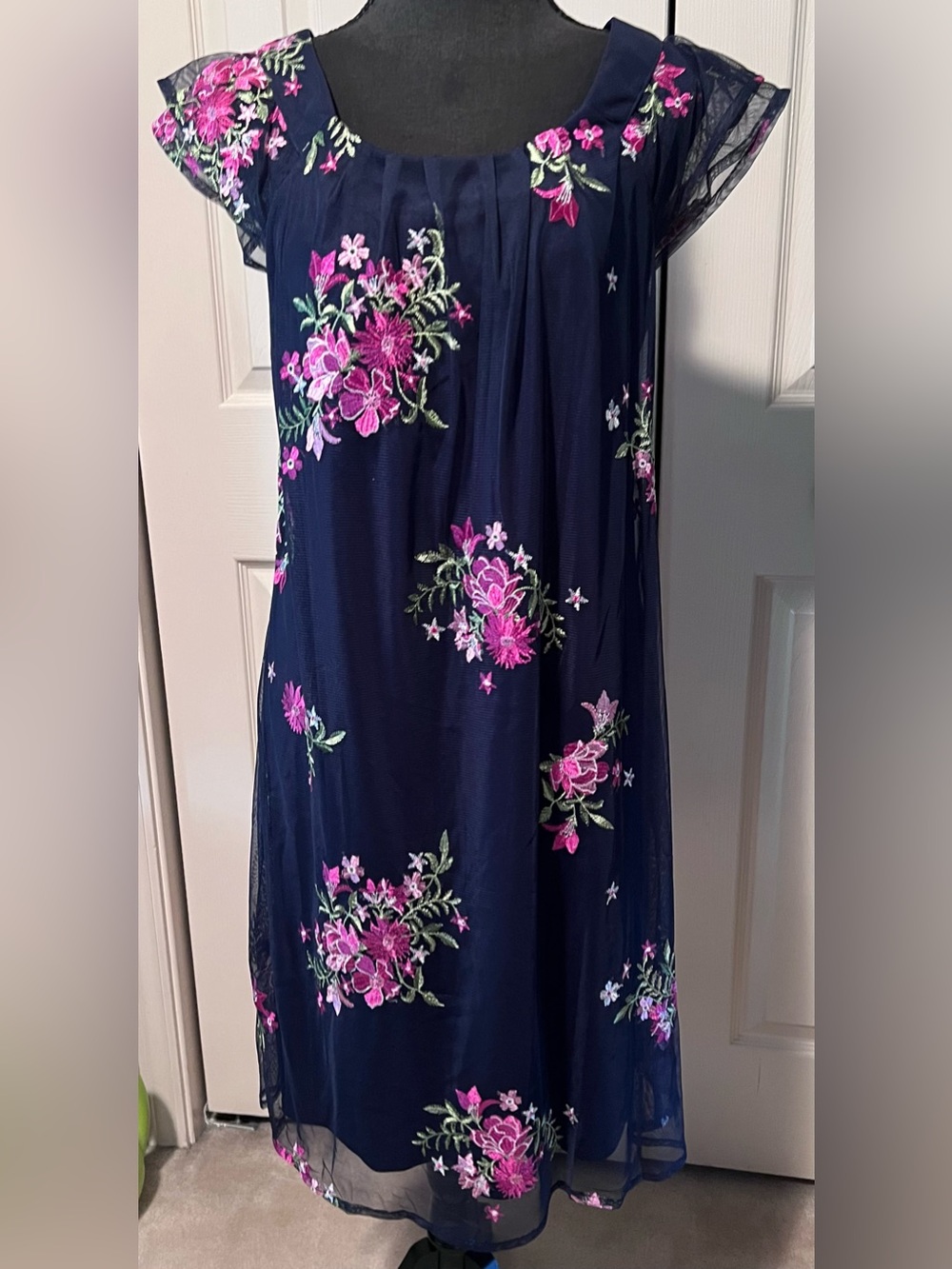 Rabbit Rabbit Rabbit Navy Dress with Pink Floral Embroidery